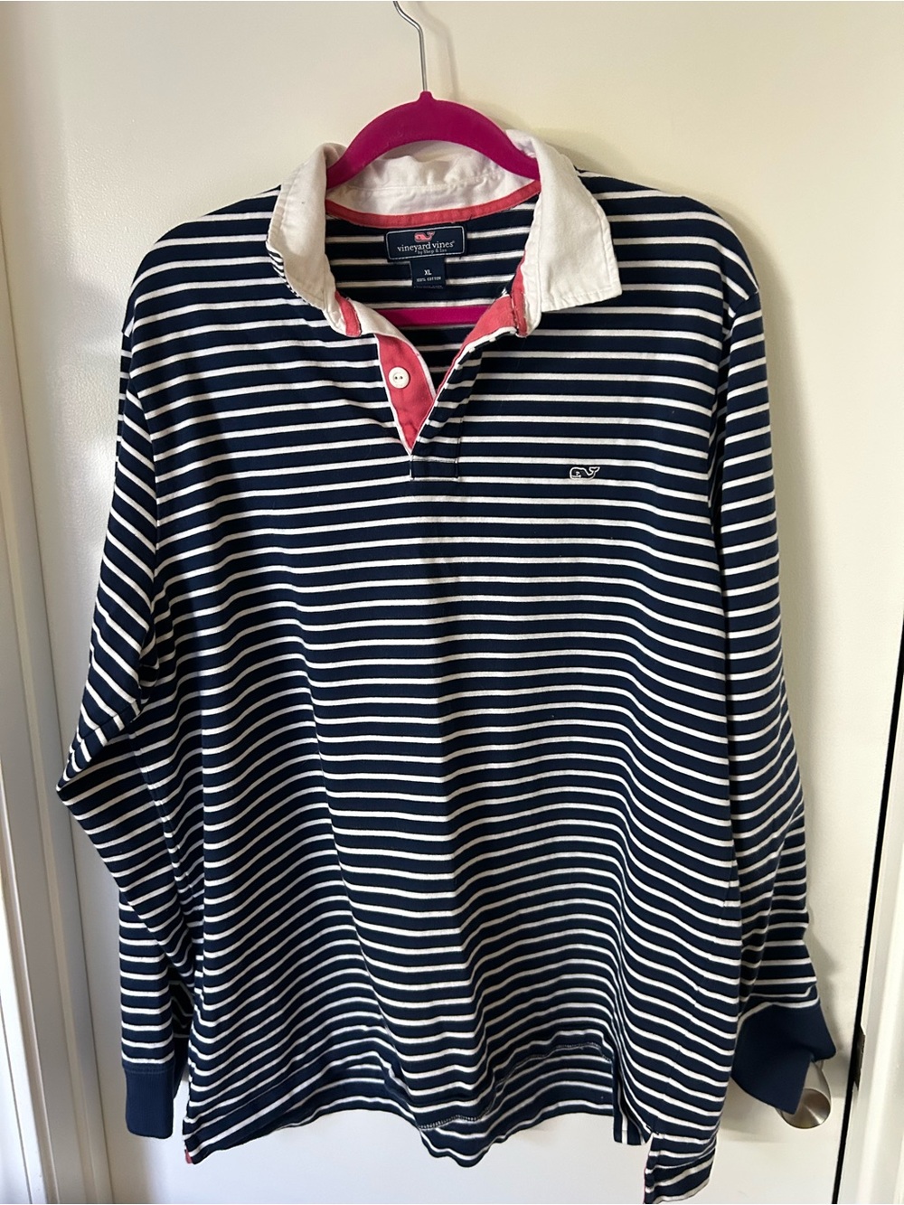 Vineyard Vines Navy & White Striped Rugby with Pink Placket xl